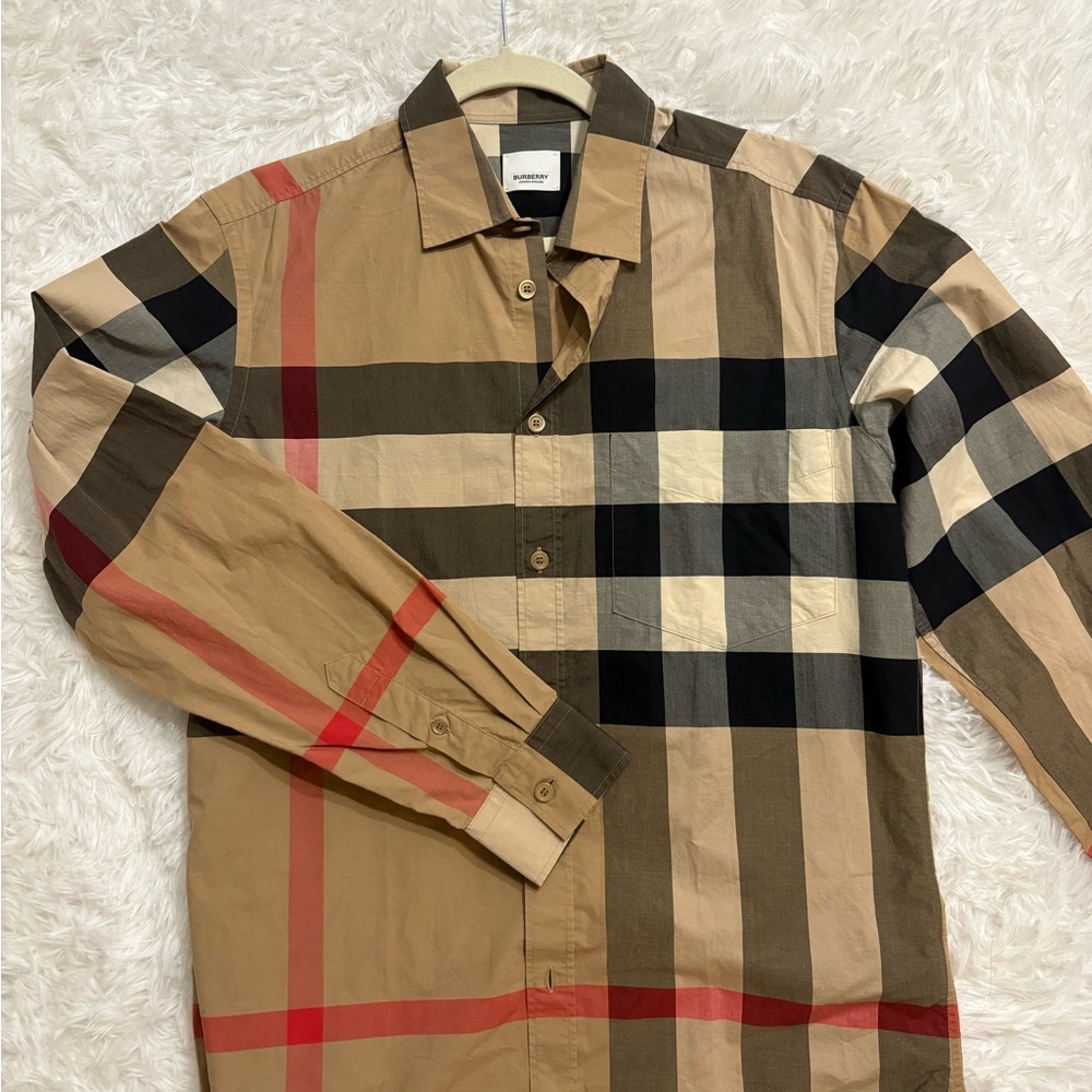 Burberry Men's Plaid Shirt - Tan, Black, and Red